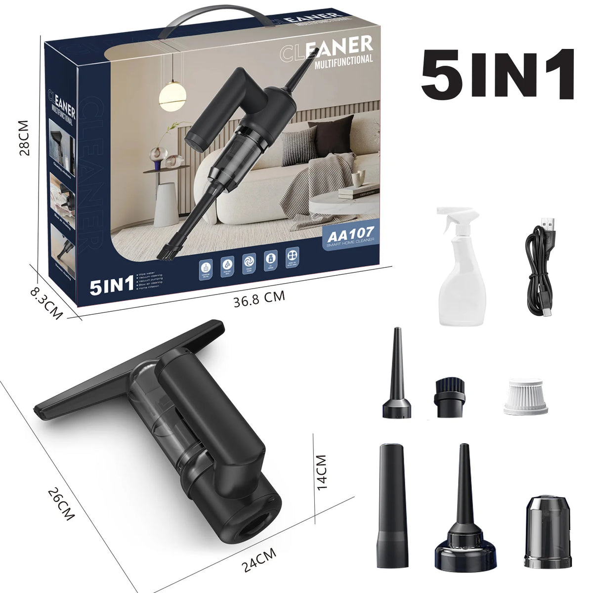 5-in-1 Portable Hand Vacuum with Blower & Window Tool