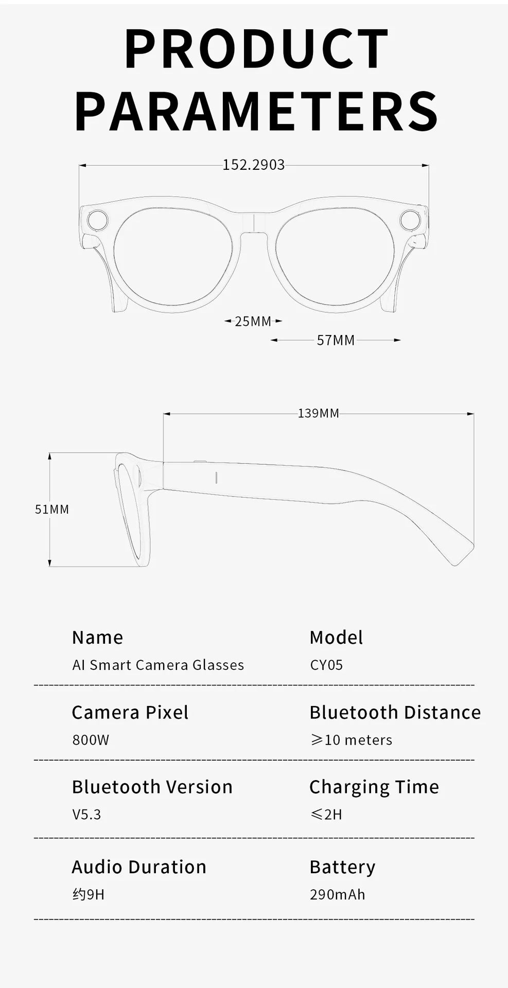 Smart Glasses CY05 Real-Time Translation Type-C Charging  AI Touch Button Control Smart Glasses with Camera 290mAh Battery